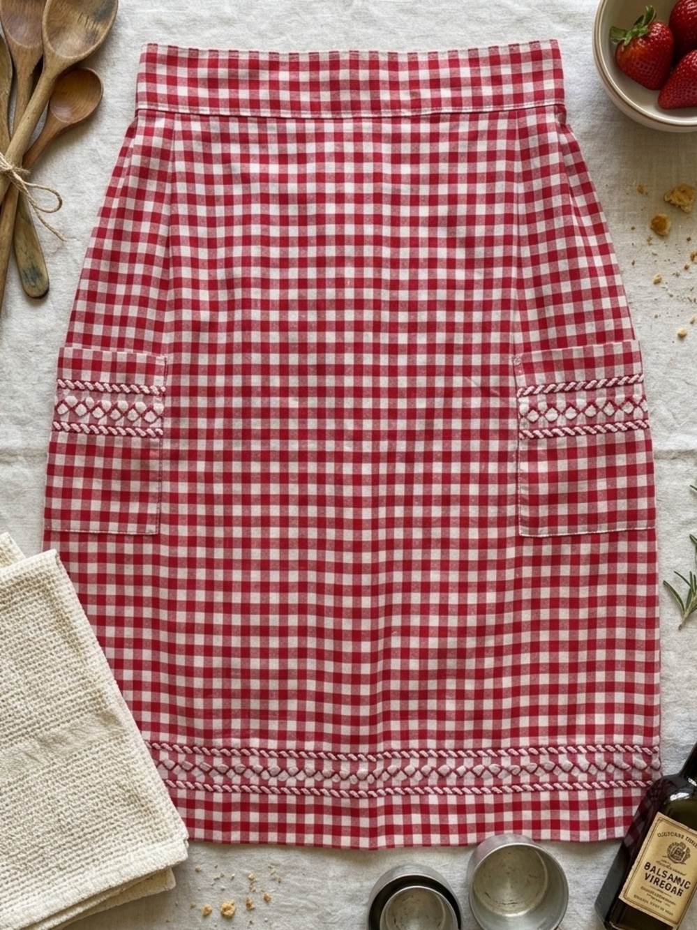 Vintage Red & White Gingham Half Apron with Pockets & Woven Detail Cottagecore